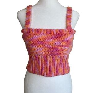 Handmade Hand Knit Crochet Cropped Tank Top Vest Square Neck Candy Colors Sz S